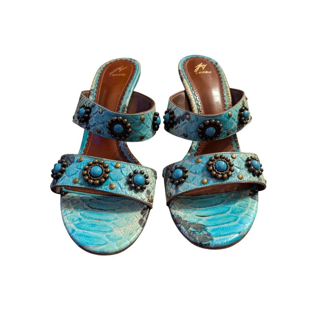 J Vincent Turquoise Heels Sandals w/ Snake Print Pattern & Beaded Details Sz 10